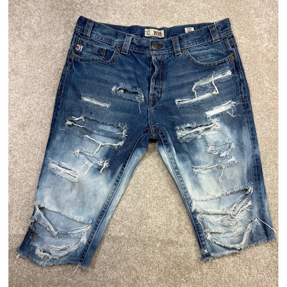 MEK Denim Cody Straight Distressed Ripped Blue Jeans Shorts‎ Men 38x34 (Cropped)